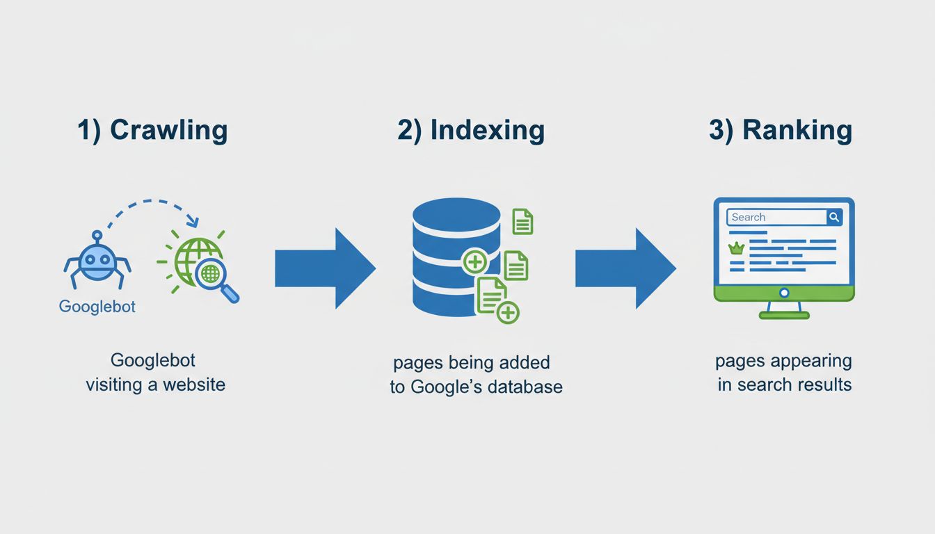 Proces indexovania stránky Google znázorňujúci fázy prehľadávania, indexovania a umiestňovania