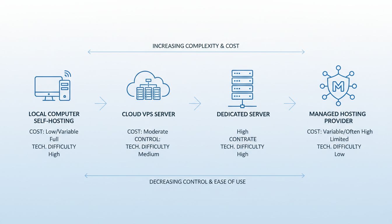 Porovnávací diagram možností hostingu zobrazujúci lokálny počítač, cloud VPS, dedikovaný server a spravovaný hosting