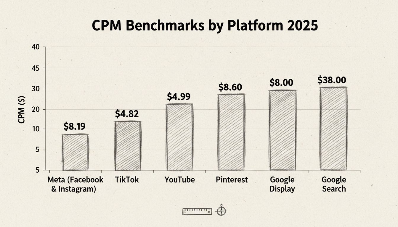 CPM Benchmarky podľa platforiem 2025 – Ručne kreslená schéma zobrazujúca priemerné CPM sadzby na Meta, TikTok, YouTube, Snapchat, Pinterest, Google Display a Google Search