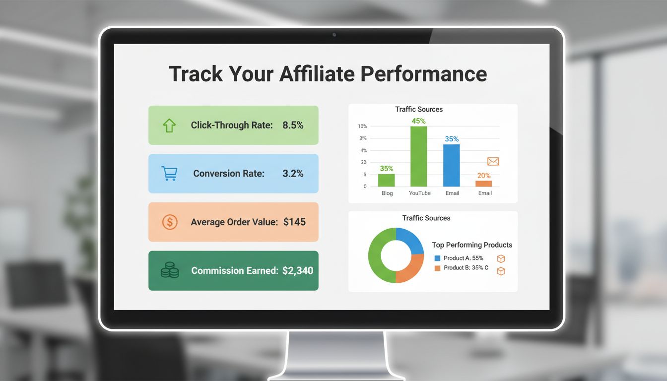 Affiliate review metrics dashboard showing click-through rate, conversion rate, average order value, commission earned, and traffic sources