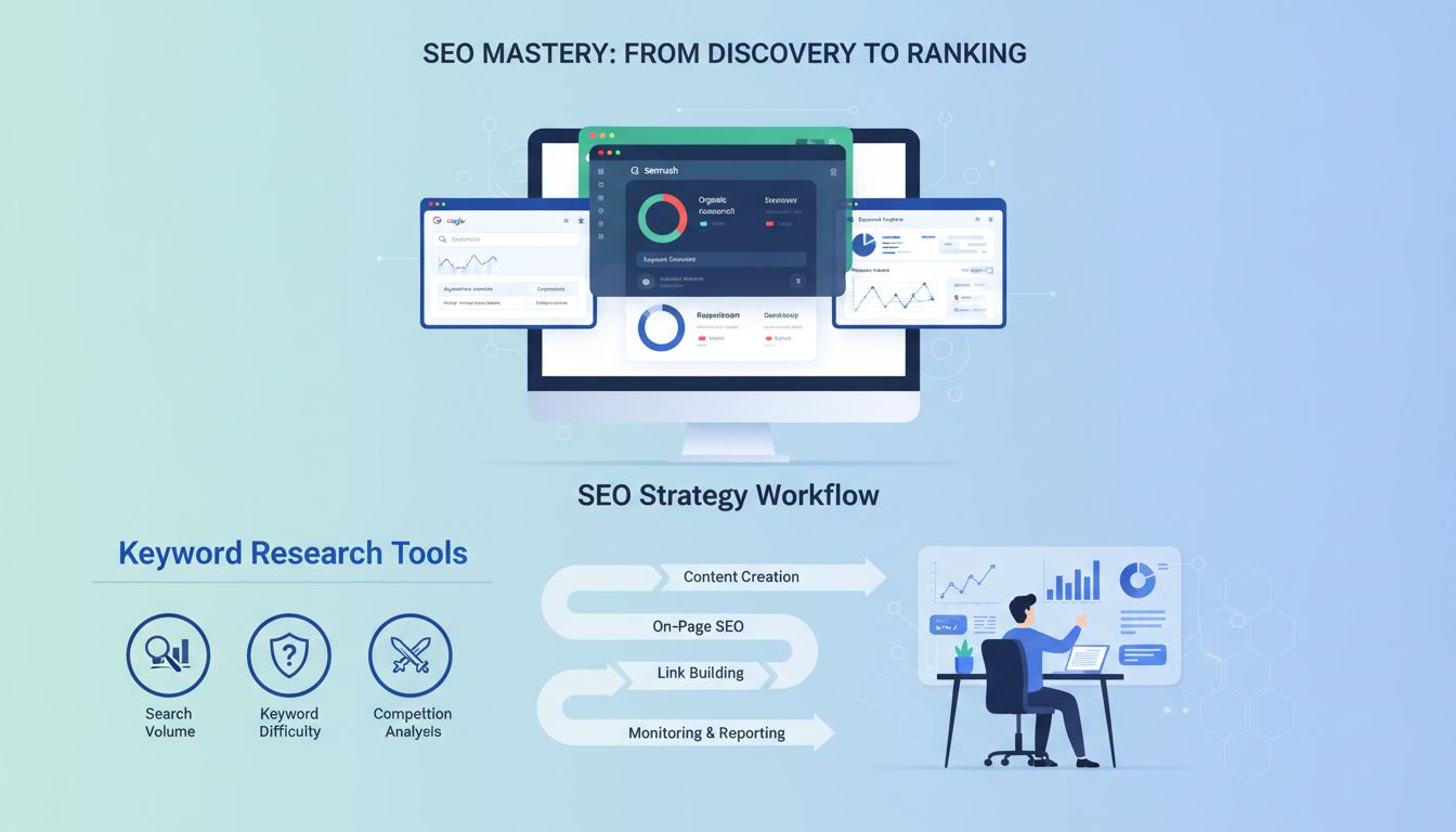 Panel nástrojov na prieskum kľúčových slov zobrazujúci objem vyhľadávania, obtiažnosť kľúčových slov a analýzu konkurencie