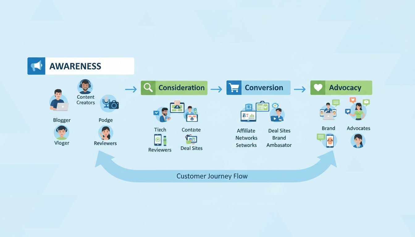 Fázy affiliate marketingového lievika – povedomie, zvažovanie, konverzia, advokácia s rôznymi typmi affiliate partnerov v každej fáze