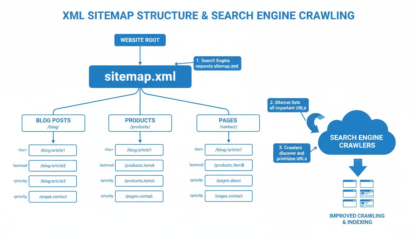 XML Sitemap Structure Diagram showing hierarchical website organization with search engine crawling paths