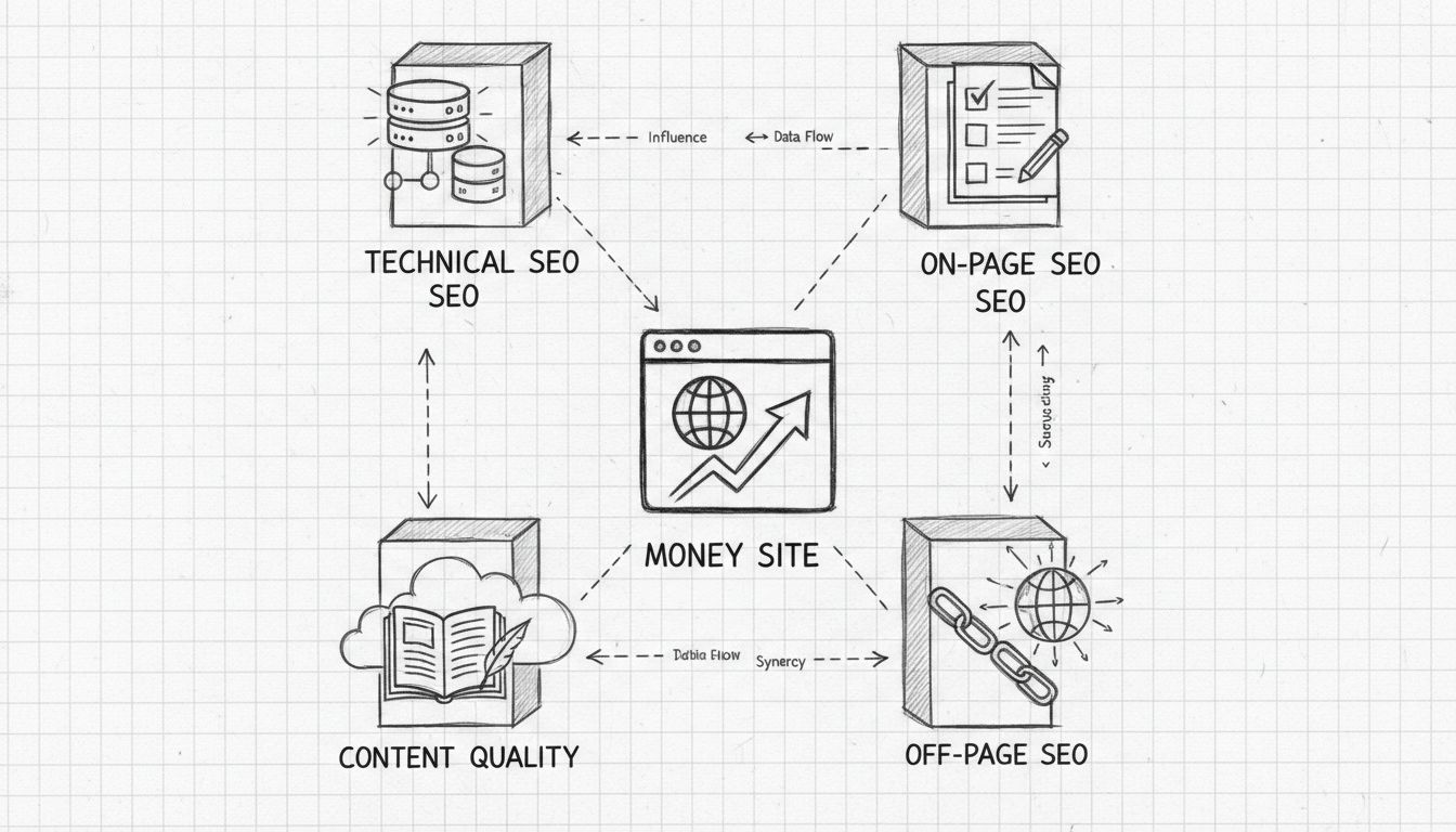 Štyri piliere optimalizácie money site: Technické SEO, On-Page SEO, Kvalita obsahu a Off-Page SEO