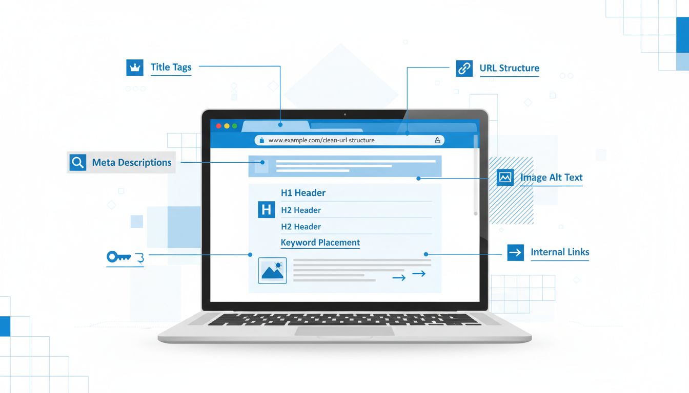 Prvky on-page SEO optimalizácie vrátane titulkových tagov, meta popisov, nadpisov, umiestnenia kľúčových slov, štruktúry URL, interných odkazov a obrázkového alt textu zobrazené na obrazovke notebooku