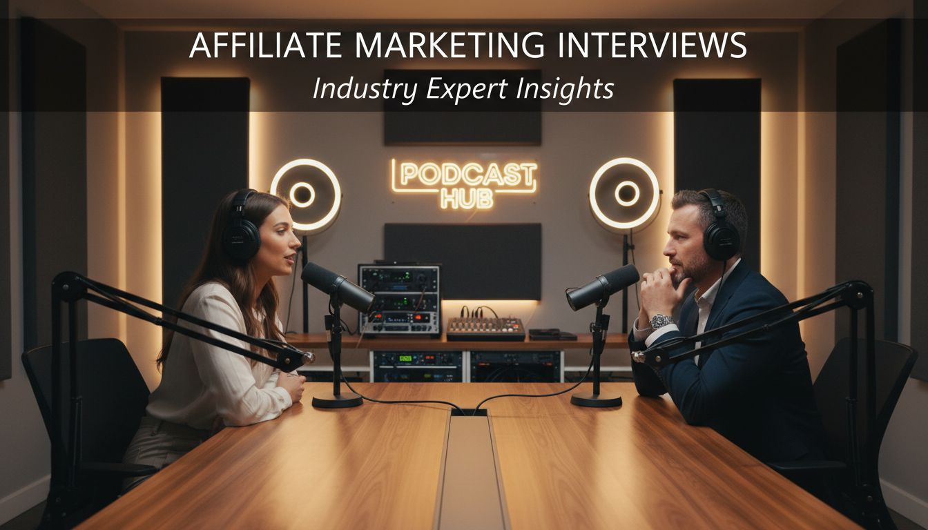 Profesionálne podcastové štúdio s odborníkmi na affiliate marketing, ktorí diskutujú stratégie a poznatky