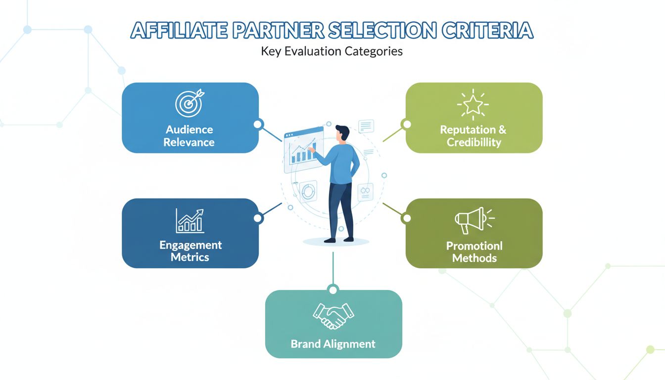 Kľúčové kritériá pre výber affiliate partnerov vrátane relevantnosti publika, reputácie, metrík zapojenia, spôsobov propagácie a zladenia so značkou