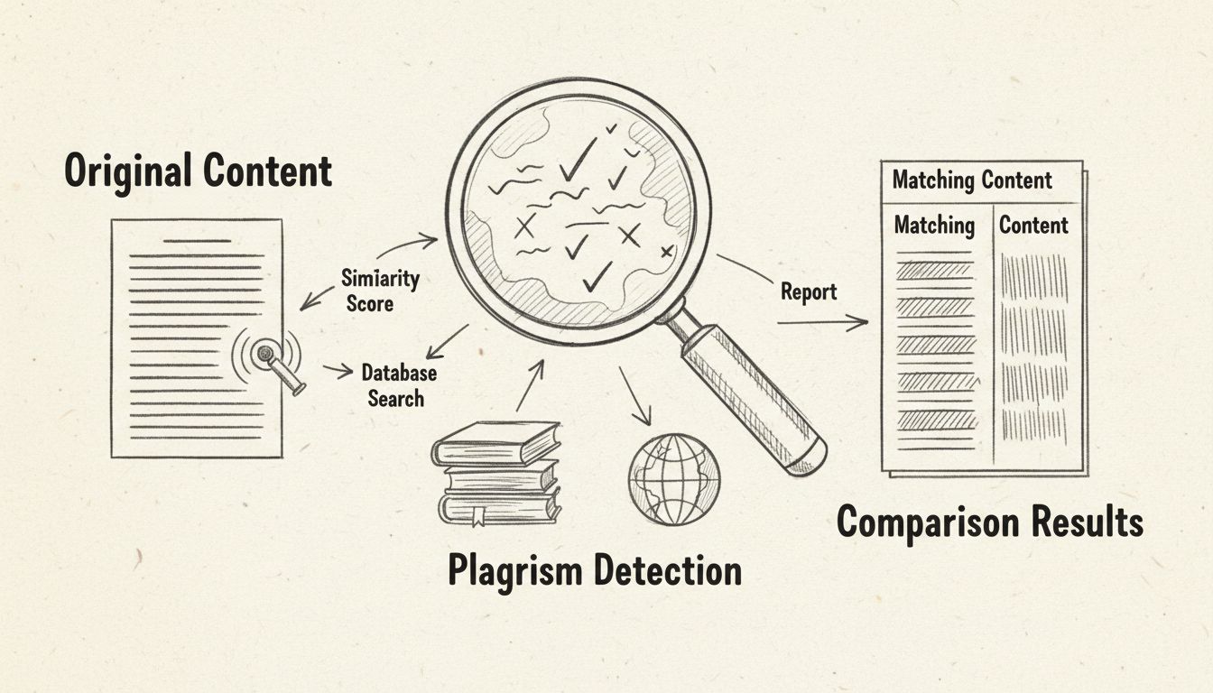 Ručne kreslená schéma zobrazujúca workflow detekcie plagiátorstva so skenovaním dokumentu, porovnávacou analýzou a zvýraznením výsledkov