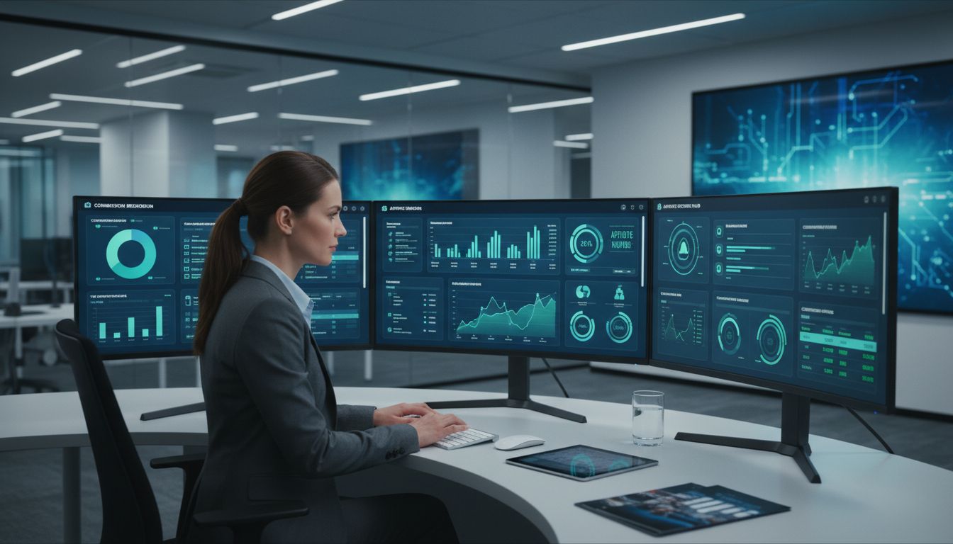 Affiliate manažér za stolom s viacerými monitormi so zobrazenými analytickými dashboardmi a výkonnostnými metrikami