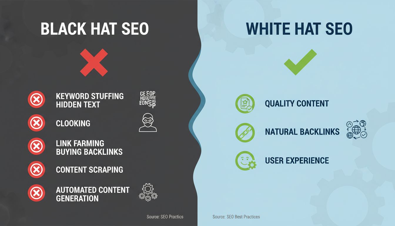 Infografika porovnávajúca techniky Black Hat SEO a White Hat SEO