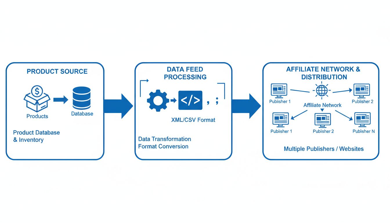 Diagram toku affiliate dátového feedu znázorňujúci databázu produktov, spracovanie feedu a distribúciu vydavateľom