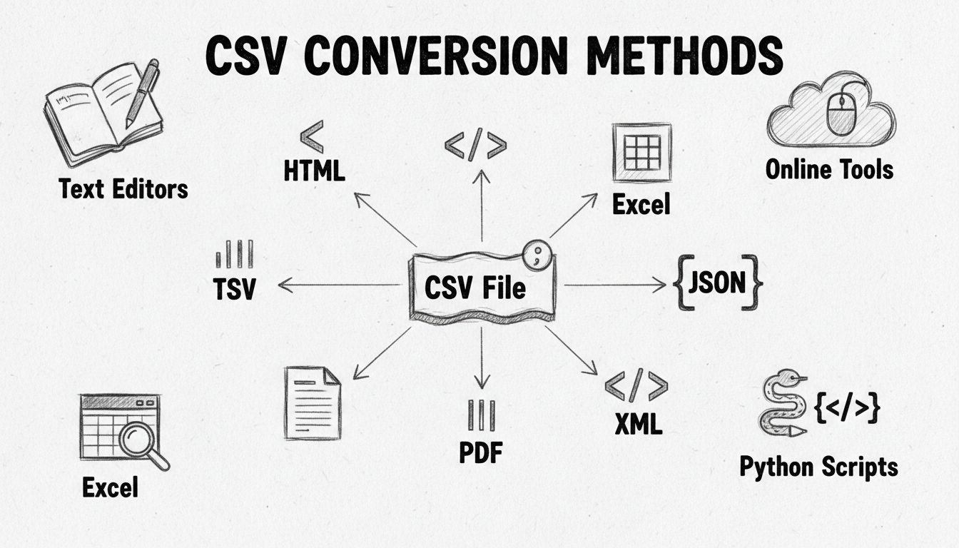Diagram metód konverzie CSV zobrazujúci rôzne výstupné formáty a nástroje konverzie