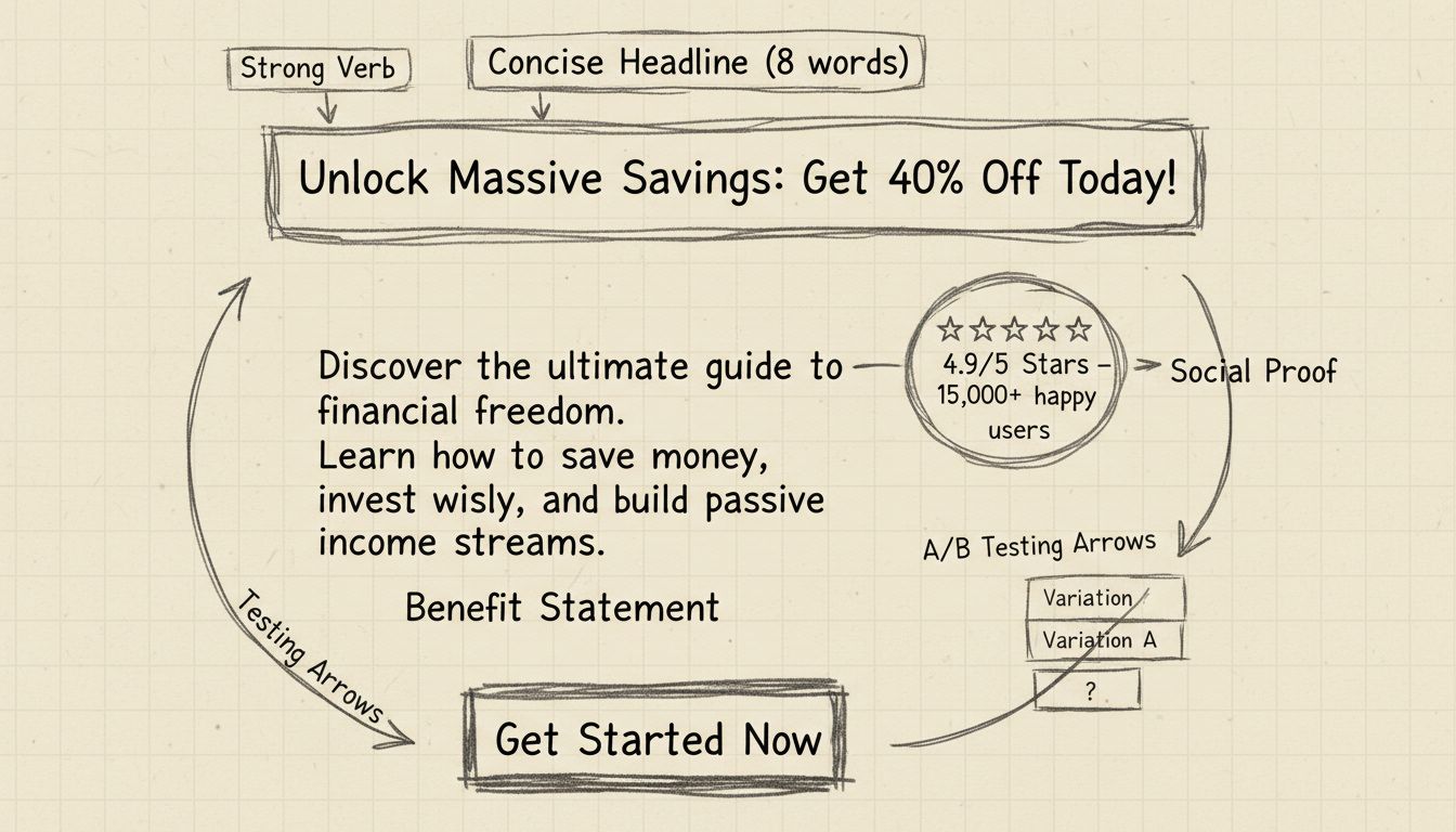 Ručne kreslená schéma zobrazujúca anatómiu affiliate textu s vysokou mierou konverzie s poznámkami ku stručným nadpisom, silným slovesám, číslam, vyjadreniam benefitov, sociálnemu dôkazu a jasným výzvam k akcii