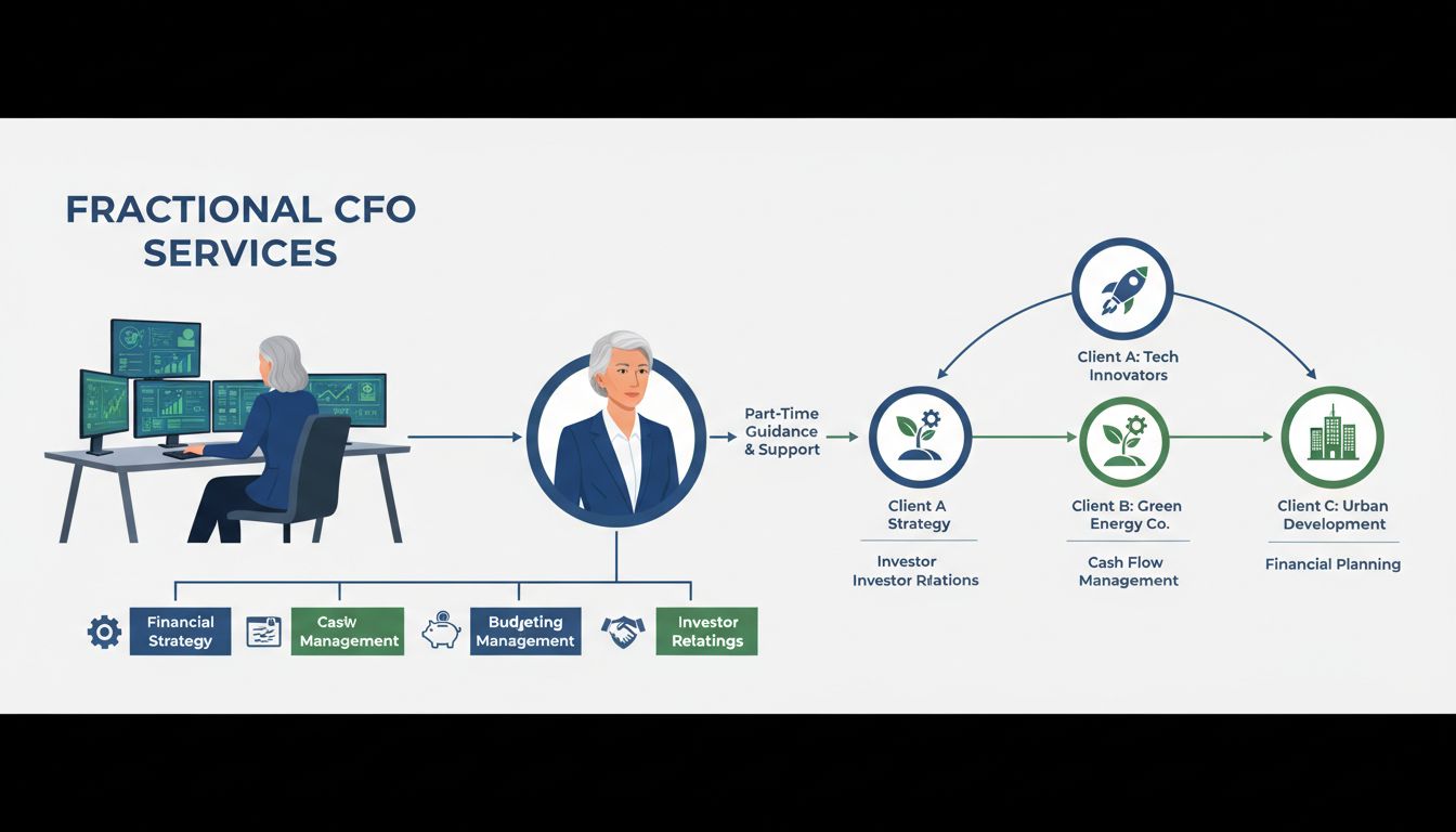 Fractional CFO poskytuje finančné služby vrátane riadenia cash flow, rozpočtovania, finančnej stratégie, riadenia rizík a vzťahov s investormi