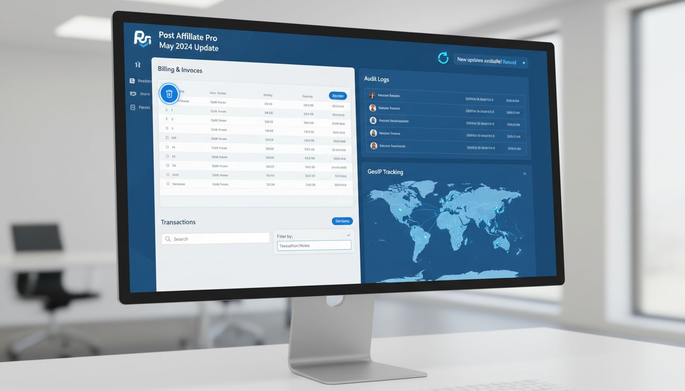 Dashboard Post Affiliate Pro zobrazujúci notifikáciu o obnovení, audítorské záznamy, GeoIP sledovanie a filtrovanie transakcií