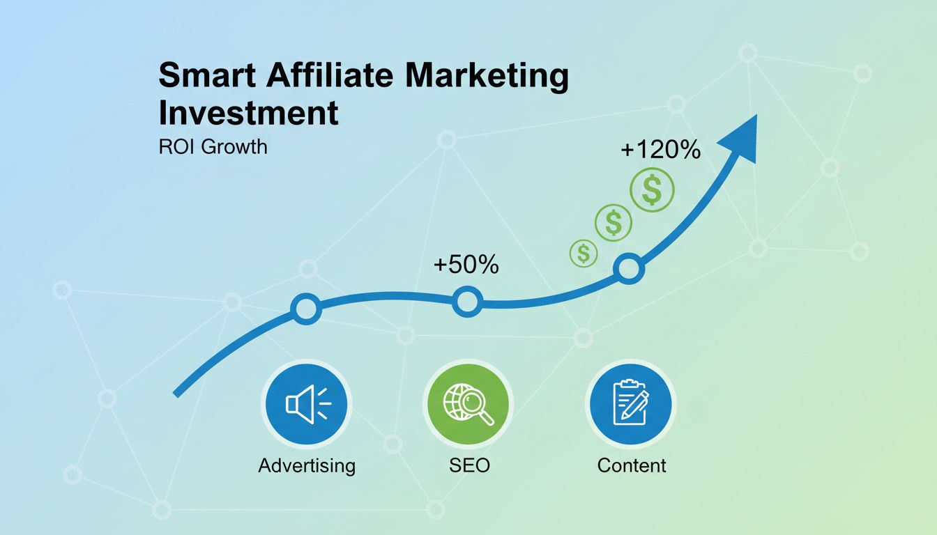 Graf rastu ROI v affiliate marketingu znázorňujúci výnosy z reklamy, SEO a obsahového marketingu