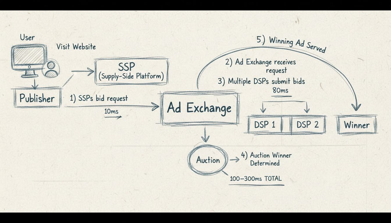 Diagram procesu aukcie Real-Time Bidding zobrazujúci používateľa, SSP vydavateľa, reklamnú burzu, viaceré DSP súťažiace súčasne a doručenie víťaznej reklamy za 100-300 ms
