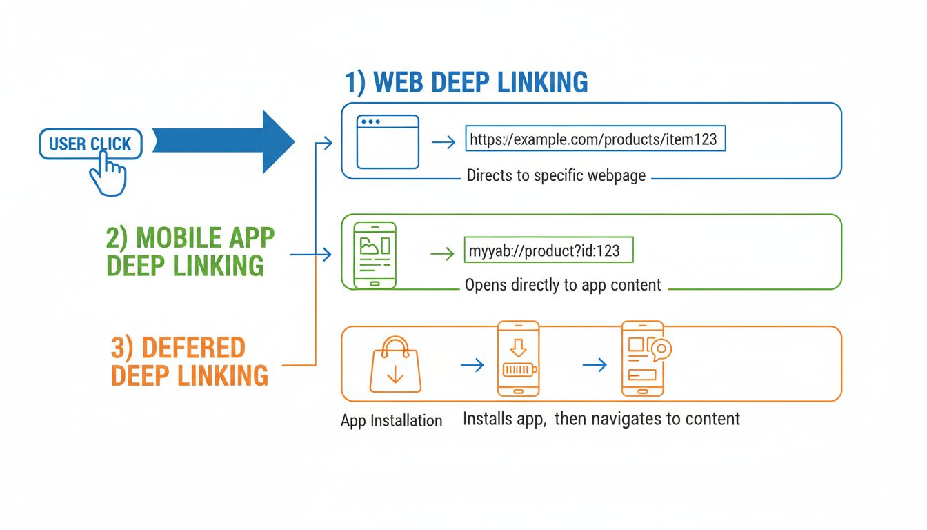 Diagram typov deep linkingu zobrazujúci webový deep linking, deep linking v mobilnej aplikácii a workflowy odloženého deep linkingu