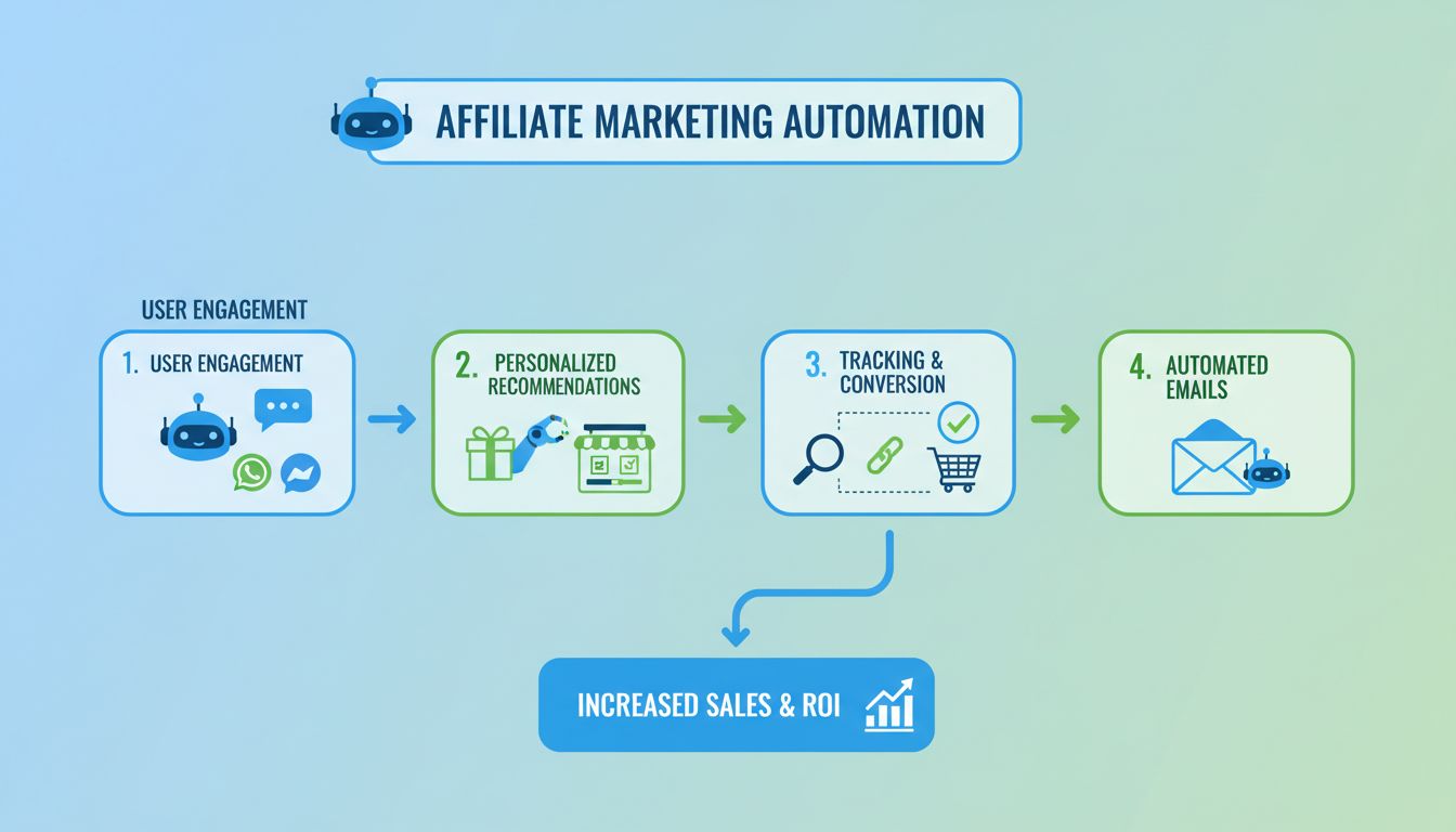 Infografika znázorňujúca automatizačný pracovný tok botov v affiliate marketingu: zapojenie používateľov, produktové odporúčania, sledovanie konverzií a kroky e-mailovej automatizácie