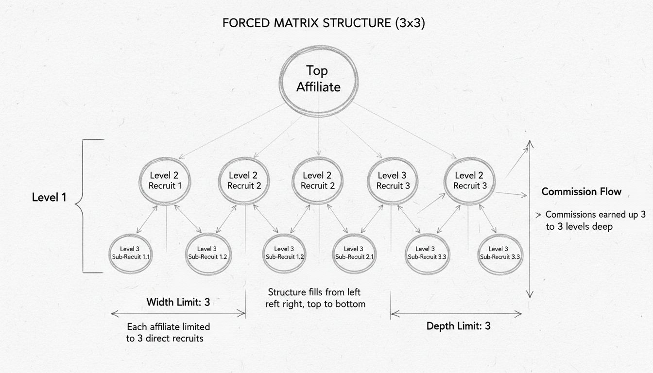 Diagram štruktúry nútenej matice 3x3 ukazujúci limity šírky a hĺbky s tokom provízií