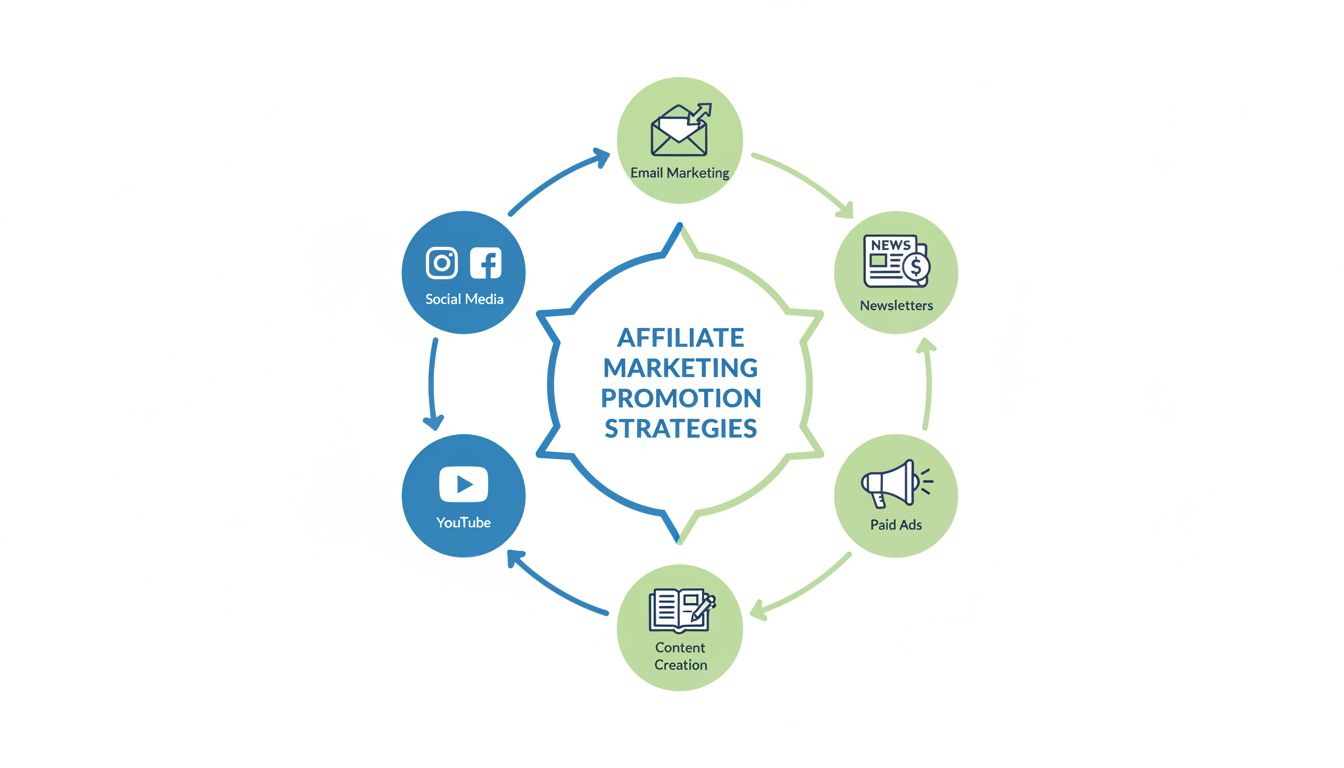 Promočné kanály affiliate marketingu vrátane sociálnych sietí, e-mail marketingu, tvorby obsahu, YouTube, platenej reklamy a newsletterov