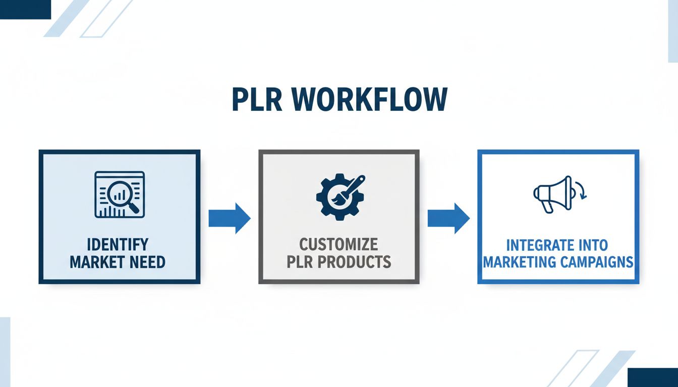 Diagram pracovného postupu PLR zobrazujúci identifikáciu trhu, prispôsobenie produktu a integráciu do marketingu