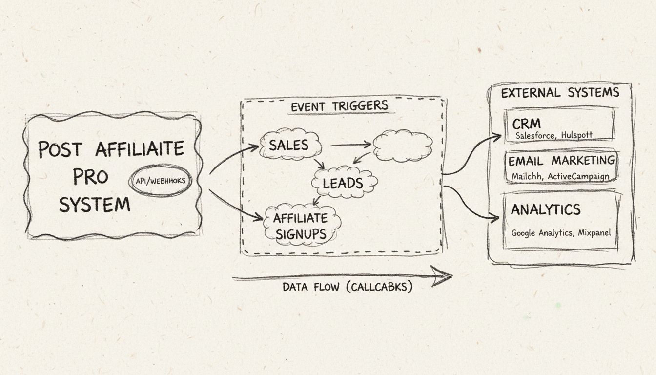 Diagram pracovného postupu aplikačných spätných volaní zobrazujúci, ako udalosti z Post Affiliate Pro smerujú do externých systémov