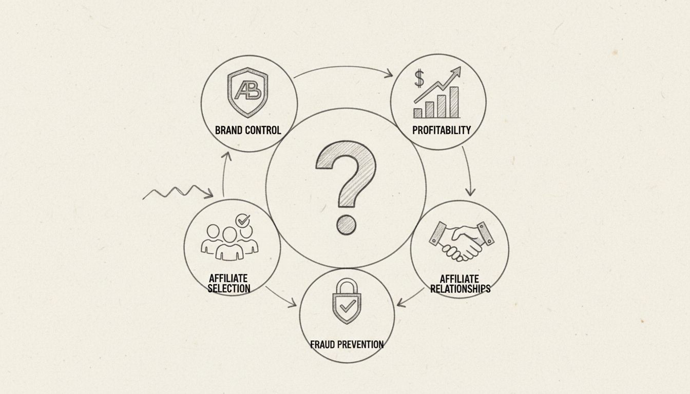 Infografika zobrazujúca päť hlavných výziev affiliate programov: Kontrola značky, Výber partnerov, Ziskovosť, Vzťahy s afiliátmi a Prevencia podvodov