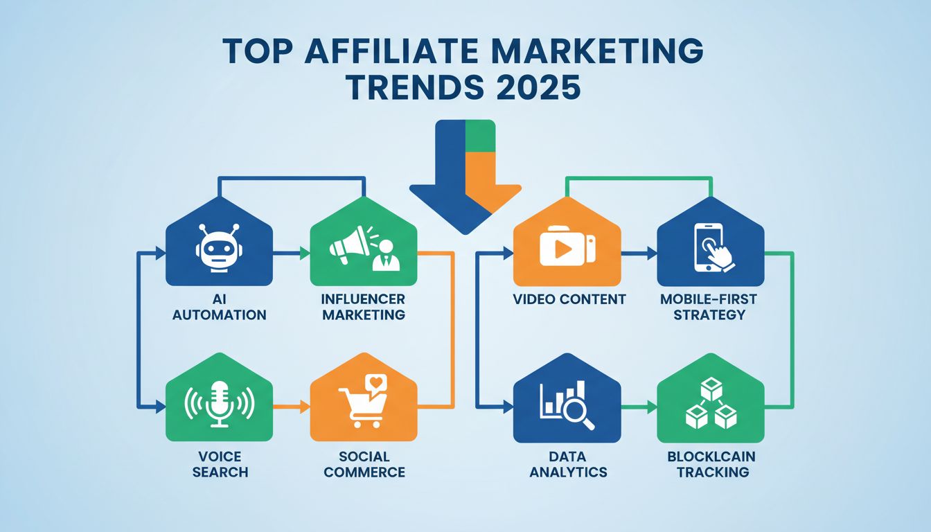 Infografika trendov affiliate marketingu 2025: AI automatizácia, influencer marketing, video obsah, mobile-first stratégia, hlasové vyhľadávanie, sociálny obchod, dátová analytika a blockchain