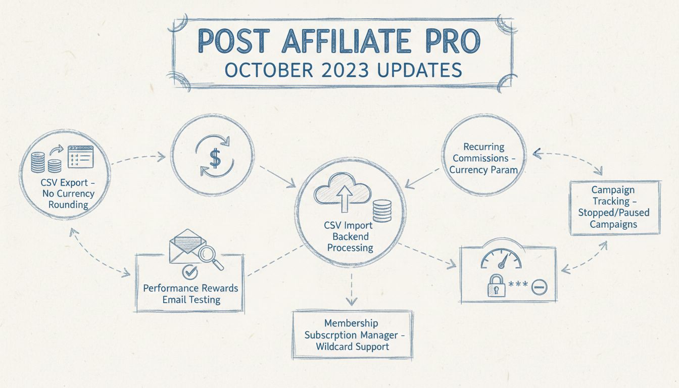 Post Affiliate Pro October 2023 updates diagram showing CSV export, Performance Rewards, recurring commissions, profile images, and campaign tracking features