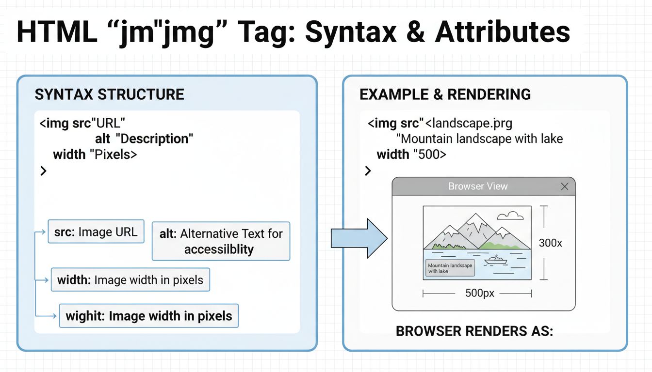 Diagram syntaxe značky HTML img zobrazujúci atribúty src, alt, width a height s príkladmi kódu