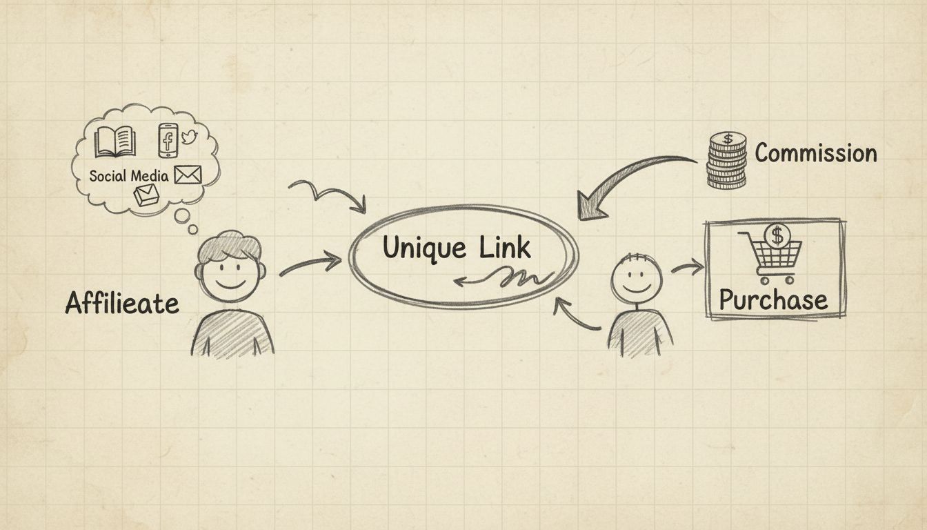 Schéma toku affiliate marketingovej kampane ukazujúca partnerov propagujúcich cez viacero kanálov, jedinečné sledovacie odkazy, konverziu zákazníka a získanie provízie
