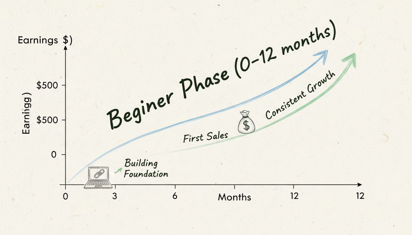Graf progresu zárobkov začiatočníka v affiliate marketingu od 0 do 1000 dolárov počas 12 mesiacov