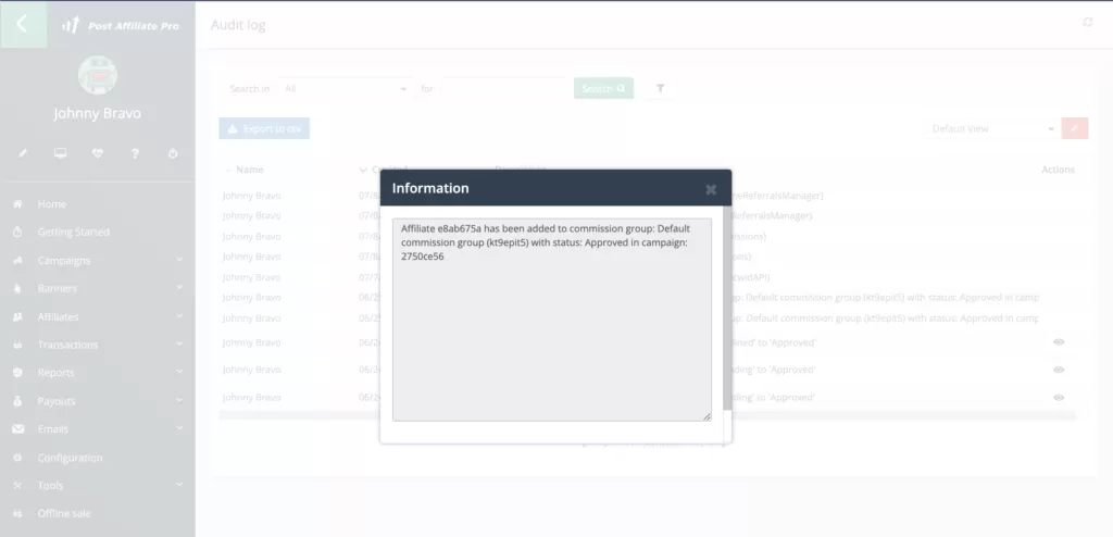 Informácie z audit logu v Post Affiliate Pro