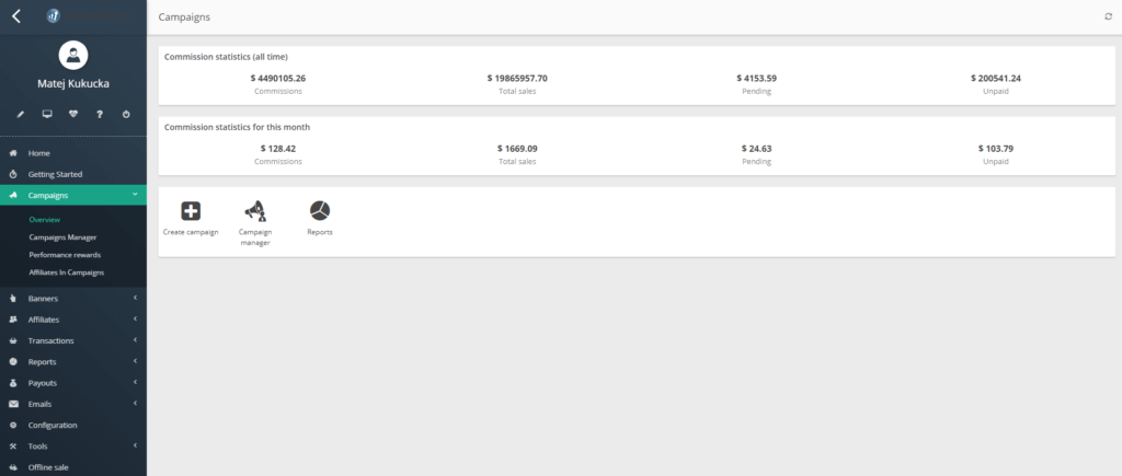 Post Affiliate Pro campaigns overview screenshot
