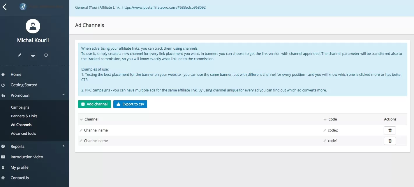 Post Affiliate Pro ovládací panel pre pridávanie sledovaných kanálov