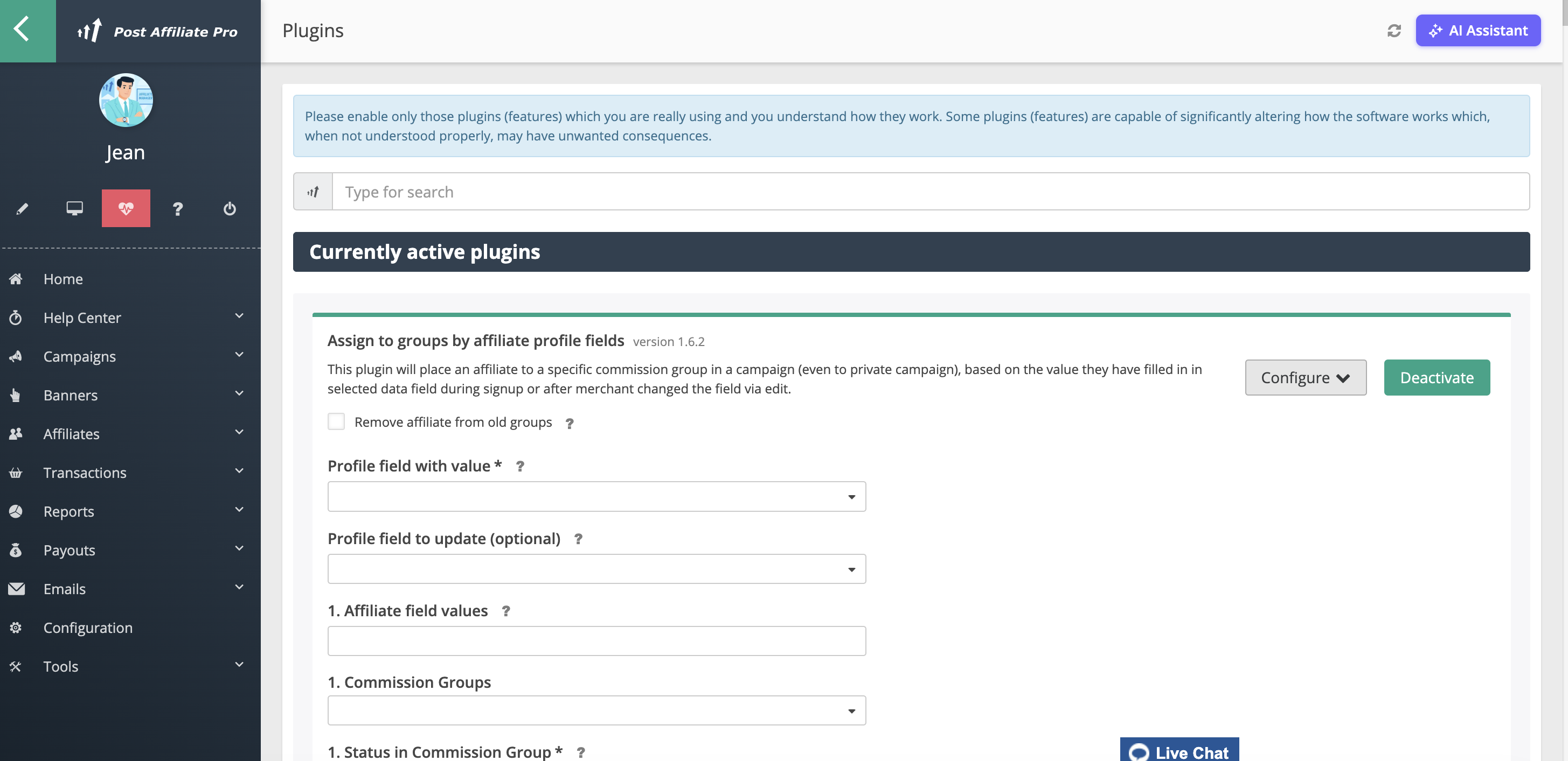 Post Affiliate Pro – konfigurácia pluginu Assign to Groups by Profile Fields