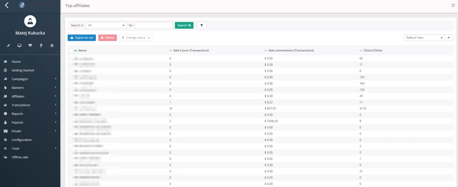 Post Affiliate Pro reporty - top partneri
