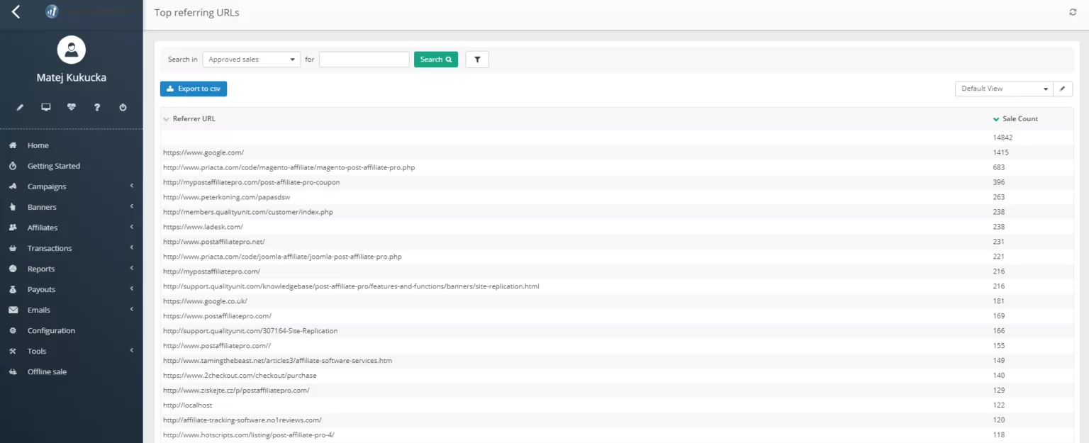 Post Affiliate Pro reporty - top odkazujúce URL