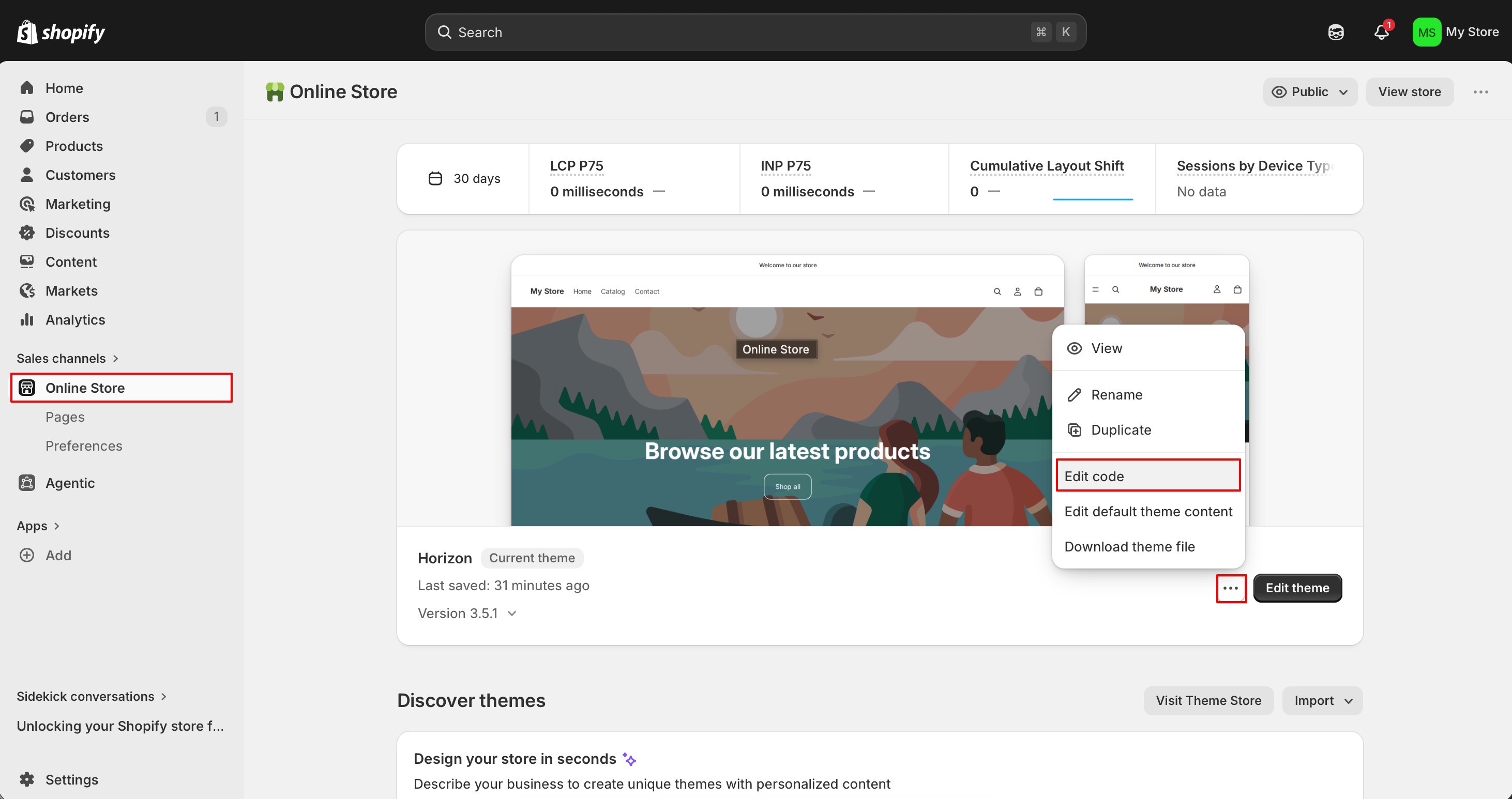 Stránka Témy Shopify s zvýraznenou možnosťou Upraviť kód