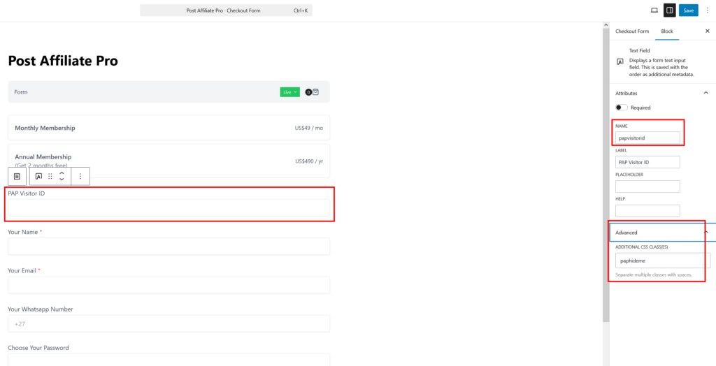 Pridanie poľa papvisitorid do checkout formulára SureCart