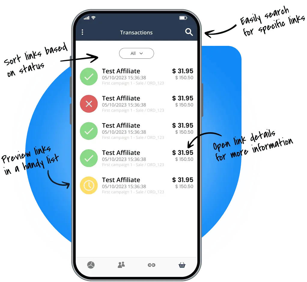 Prehľad funkcie správy transakcií v mobilnej aplikácii Post Affiliate Pro.