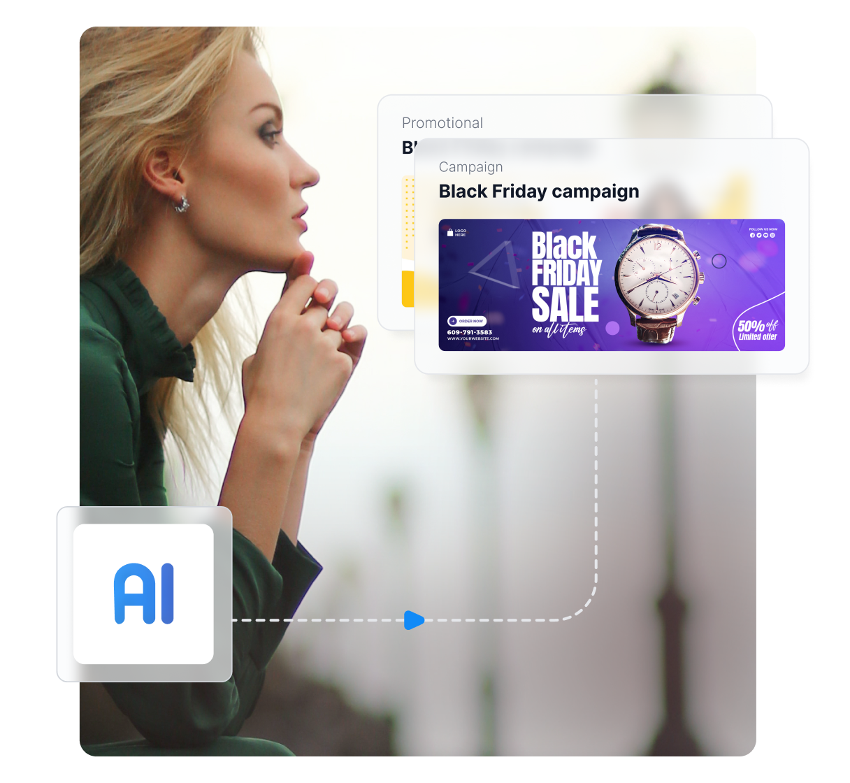 AI dashboard na smartfóne zobrazujúci affiliate bannery a grafy výkonnosti (CTR, konverzie)
