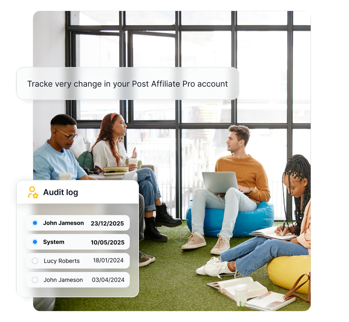 Funkcia audit logu v Post Affiliate Pro zobrazujúca detailné sledovanie aktivít partnerov a transakcií.