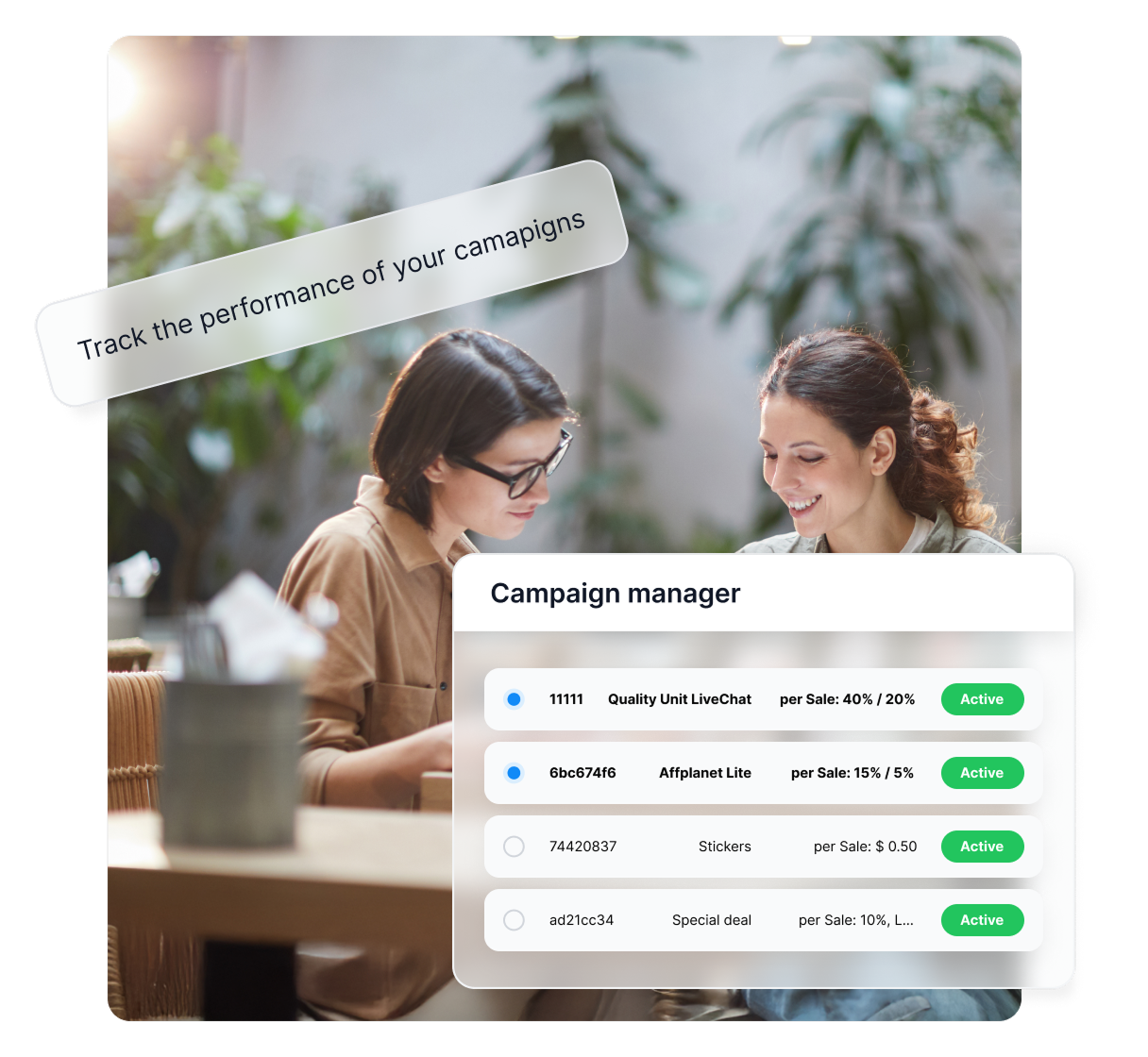 Funkcia prehľadov kampaní v Post Affiliate Pro zobrazujúca výkonnostné metriky partnerov a propagačných materiálov.