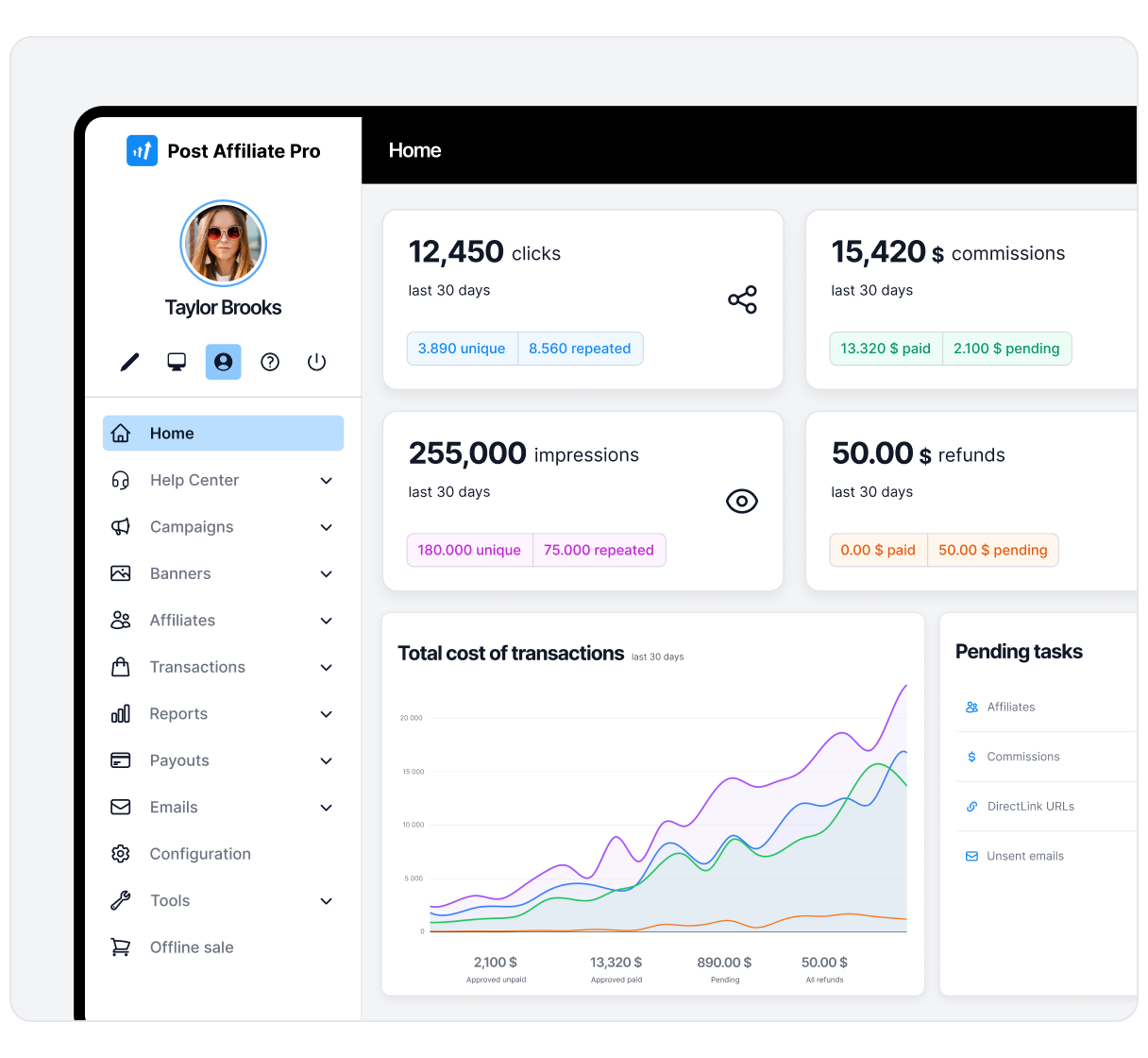 Affiliate management dashboard na správu provízií, partnerov a kampání na jednom mieste.