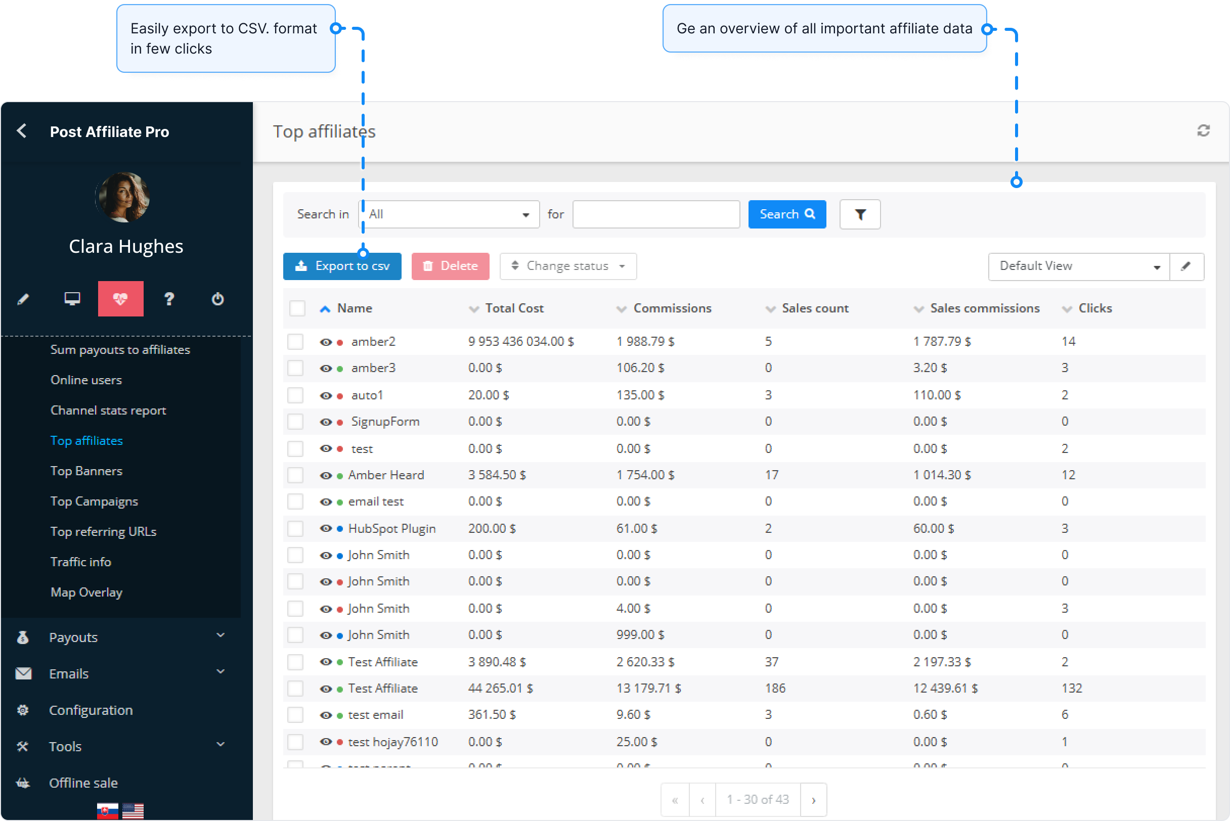 Prehľad funkcie reportov v Post Affiliate Pro.