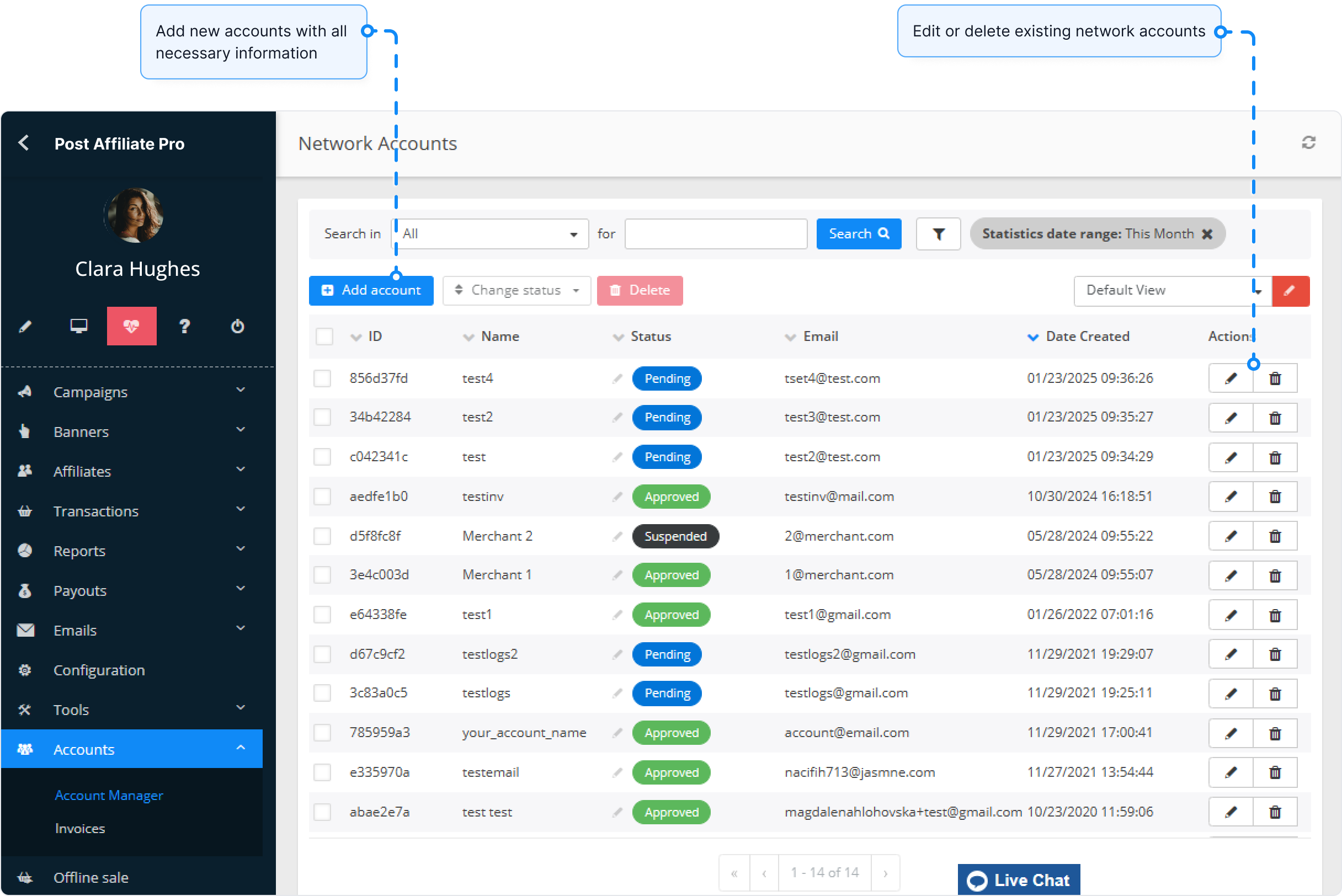 Prehľad funkcie účtov v sieti v Post Affiliate Pro.