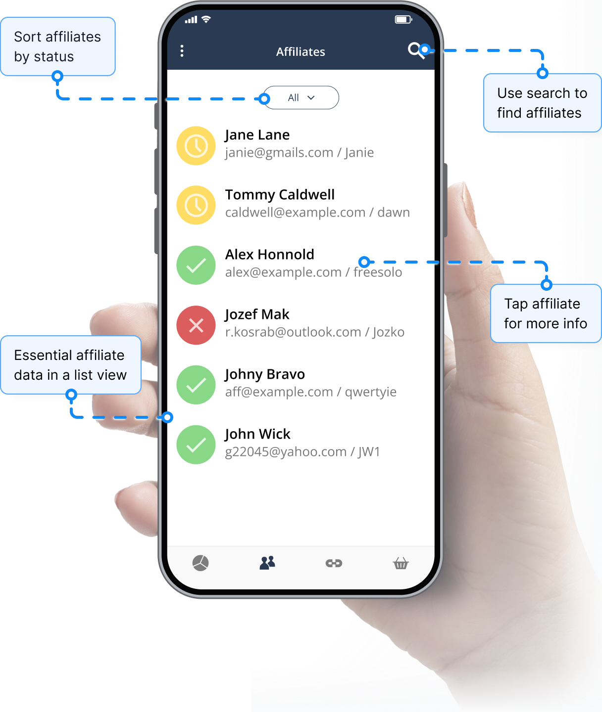 Prehľad funkcie správy partnerov v mobilnej aplikácii Post Affiliate Pro.
