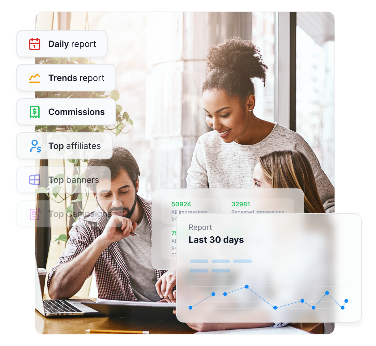 Ilustračný obrázok ženy pri telefóne vedľa jednoduchej ilustrácie zobrazujúcej fungovanie Post Affiliate Pro spolu s niekoľkými oceneniami.